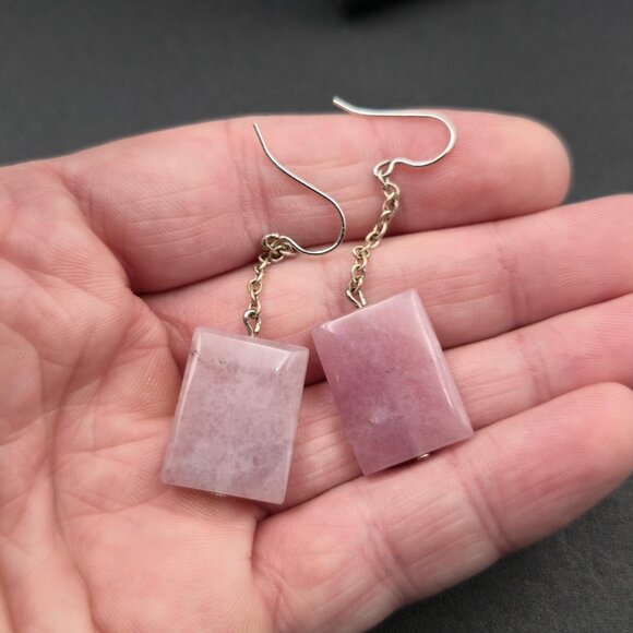 Silver Plated Rose Quartz Stone Chain Dangle Earrings A6269 - Picture 3 of 5